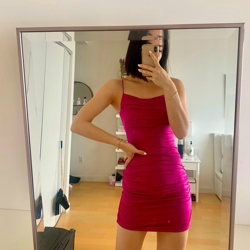 Sexy Magenta Ruched Mini Dress- S